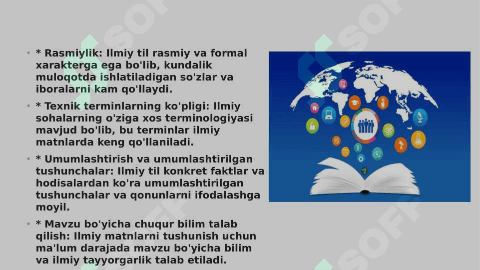 Ilmiy tilning o'ziga xosligi.Yozuv ilmiy tili.Ilmiy matinning leksik-frezealogik xsusiyatlari 3