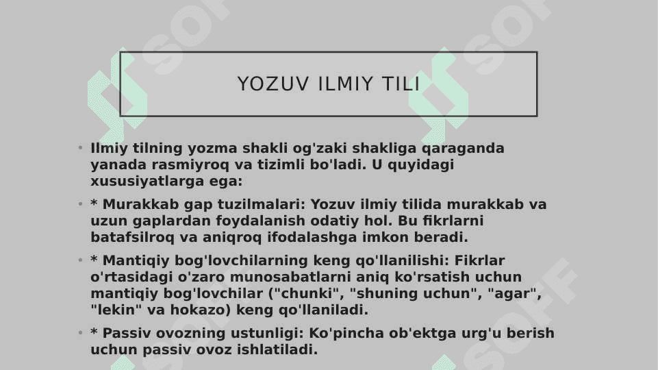 Ilmiy tilning o'ziga xosligi.Yozuv ilmiy tili.Ilmiy matinning leksik-frezealogik xsusiyatlari 4