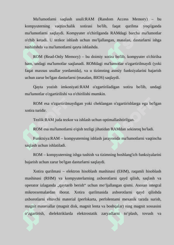 OPERATIV XOTIRA (RAM) VA DOIMIY XOTIRA (ROM) OʼRTASIDAGI FARQNI TUSHUNTIRIB BERING. 2