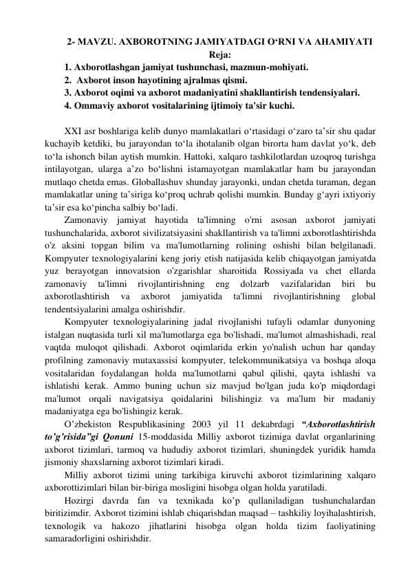 AXBOROTNING JAMIYATDAGI O‘RNI VA AHAMIYATI