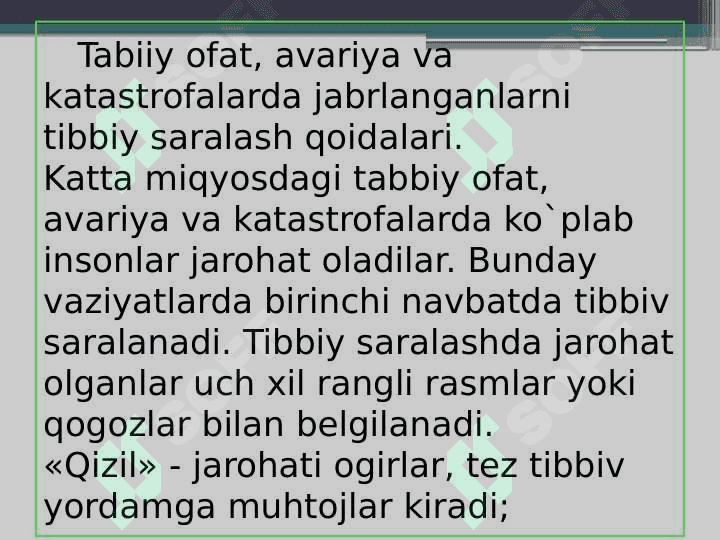 Avariya va katastrofada jabrlanganlarga birinchi tiibbiy yordam ko’rsatish 2