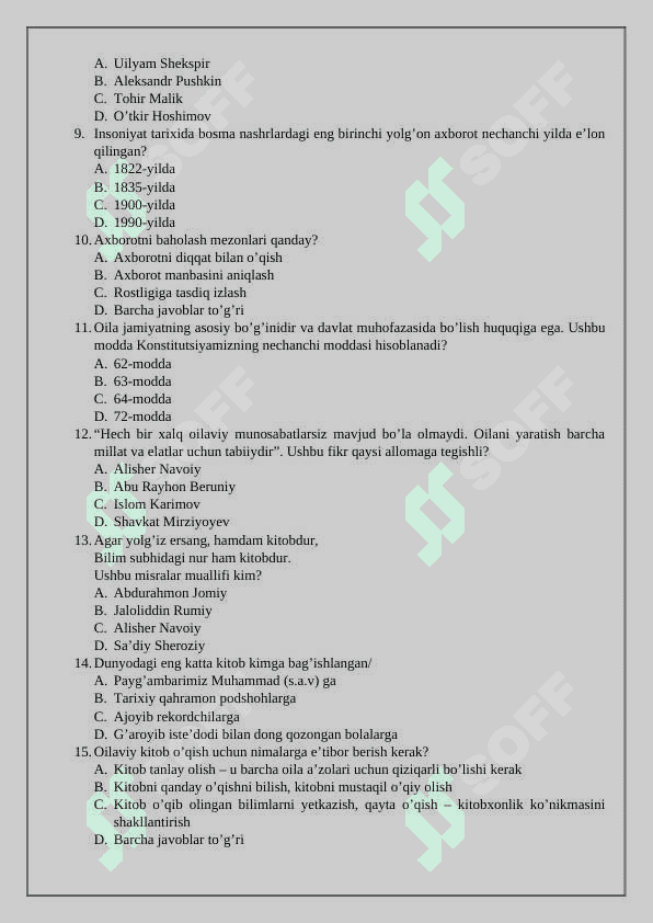 6-SINF O’QUVCHILARI UCHUN TARBIYA FANIDAN NAZORAT ISHI 2-YARIM YILLIK UCHUN 2
