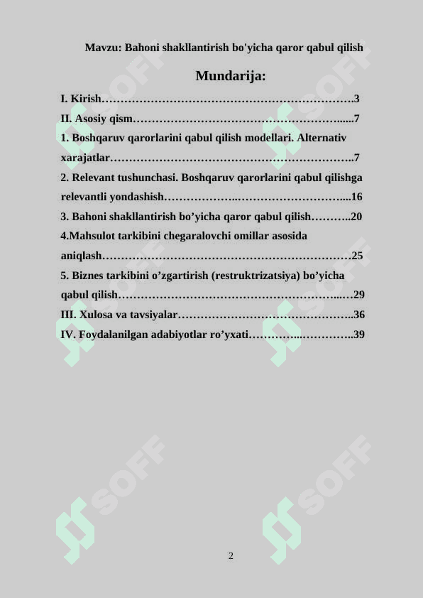 Bahoni shakllantirish bo'yicha qaror qabul qilish 2