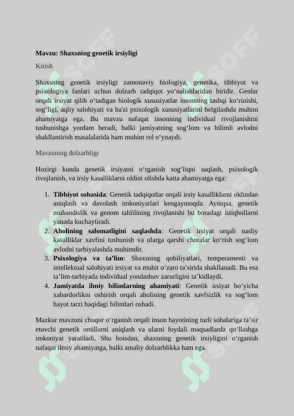 Mavzu: Shaxsning genetik irsiyligi 2