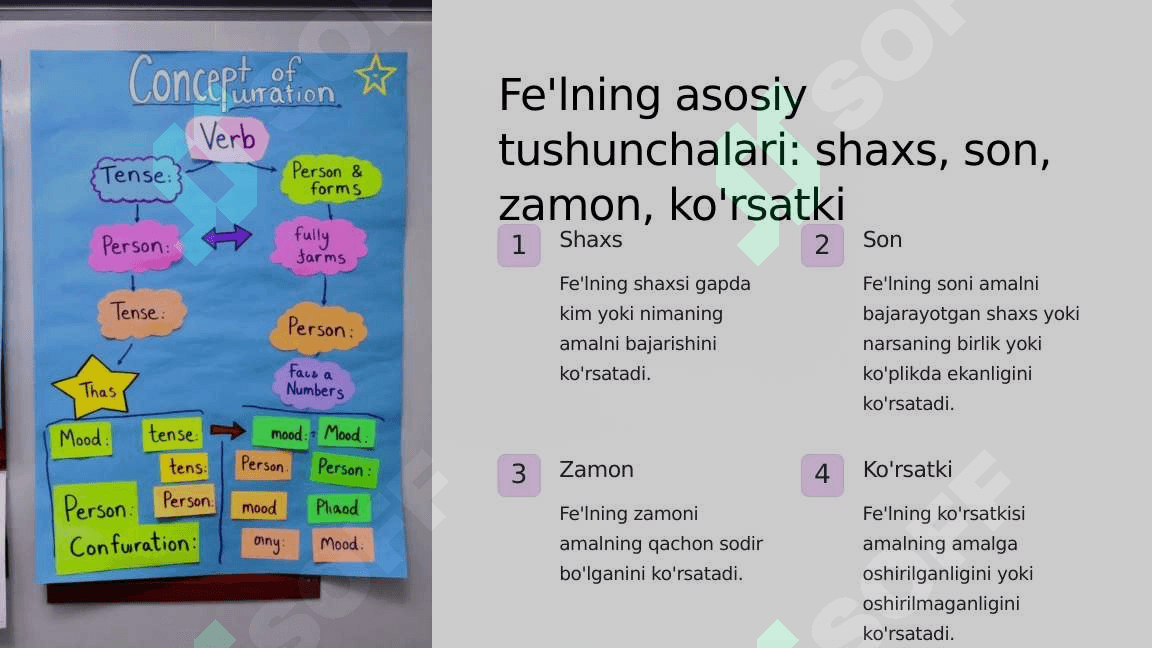 Fe'lning ba'zi grammatik toifalari.Lotin terminologiyasining tuzilishi (Corpus hominis e capite trunco membris doimiysi.Fe'llar bilan standart retsept formulalari.“Sum, esse” – bor bo'lmoq fe'lini tuslanishi (Est modus in rebus). 8