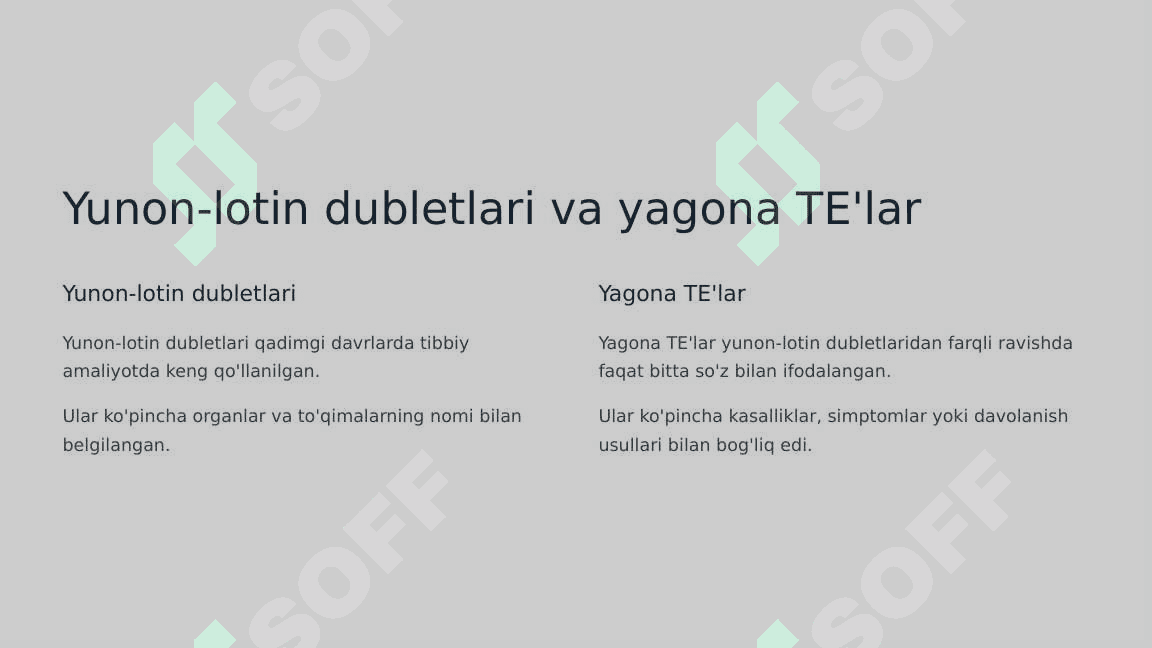 Organ va to'qimalarning yunon-lotin dublet belgilari, terapevtik va jarrohlik usullari.Qadimgi Yunonistonda kosmetikadan foydalanish.Yunon-lotin dubletlari va yagona TE'lar, to'qimalar, organlar, sekretsiyalar, sekretsiyalarning belgilari, jinsi, yoshi.Zamonaviy kosmetologiya. 5