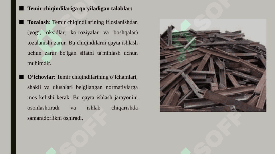 Temir chiqindilariga qo'yiladigan talablar,cho'yan temir tersak va chiqindilarni hosil bo'lishi ishlatilishi va qayta ishlovchi agregatlarni tasniflanishi 3