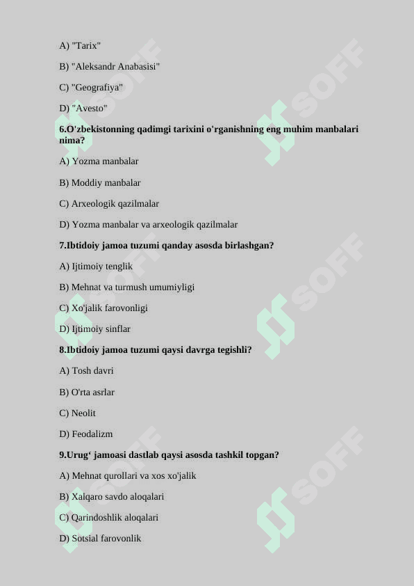 6-sinf Qadimgi dunyo tarixi mavulashtirilgan testlar barcha mavzular 2