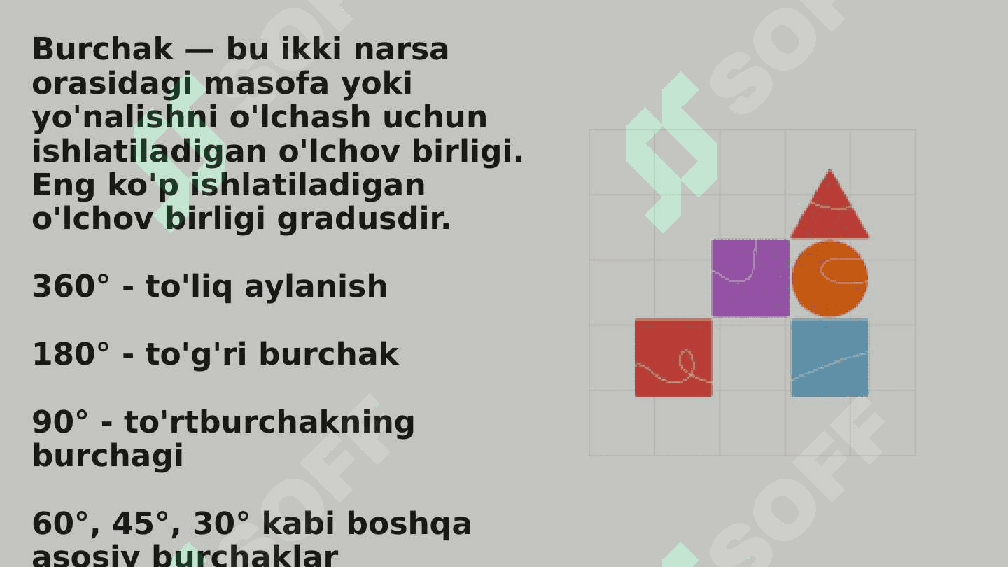 11-Mavzu:30, 45, 60, 90 gradusli burchaklarni transporter yordamida o'lchash. Soat millari. Shakllarni burish. Burchak simmetryasi. 2