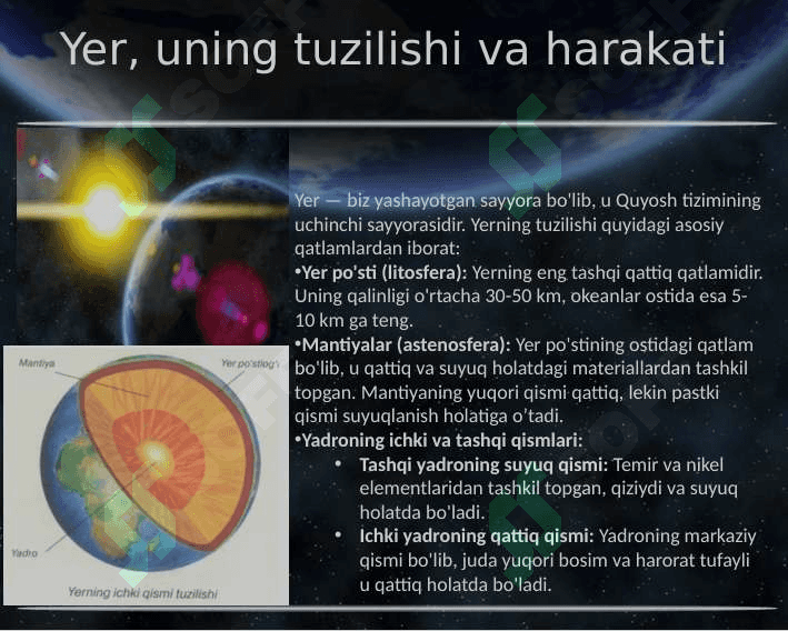 Mavzu: Yer,  uning tuzilishi  va harakati. Yening o’z o’qi artofida aylanishi va Quyosh atrofida  aylanishi. Oy va uning fazalari 3