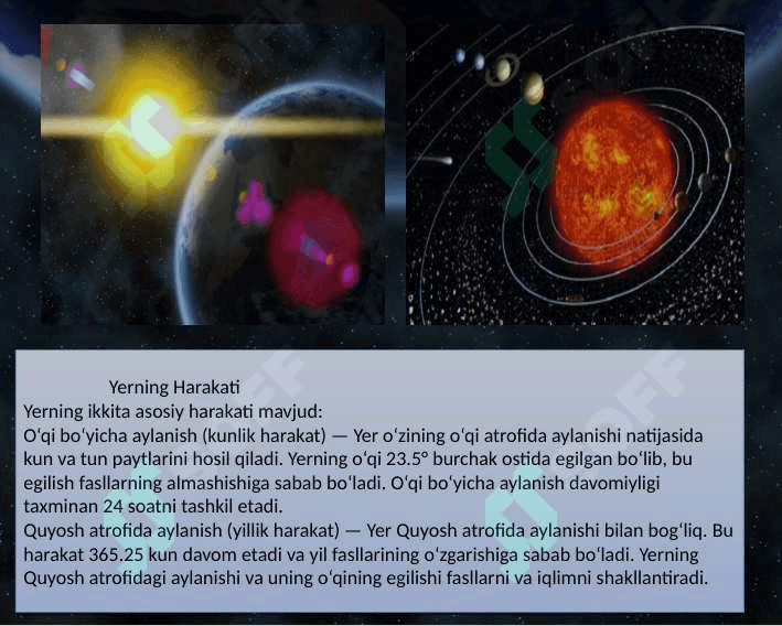 Mavzu: Yer,  uning tuzilishi  va harakati. Yening o’z o’qi artofida aylanishi va Quyosh atrofida  aylanishi. Oy va uning fazalari 4