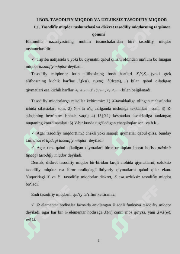 Uzluksiz tasodifiy miqdorlarning taqsimot va zichlik funksiyalari. 8