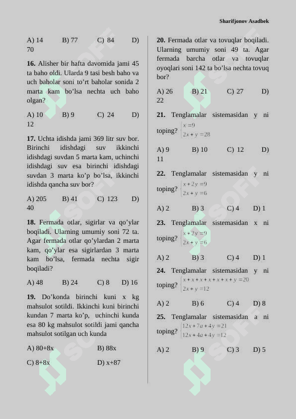 Matematikadan test-25 talik 2