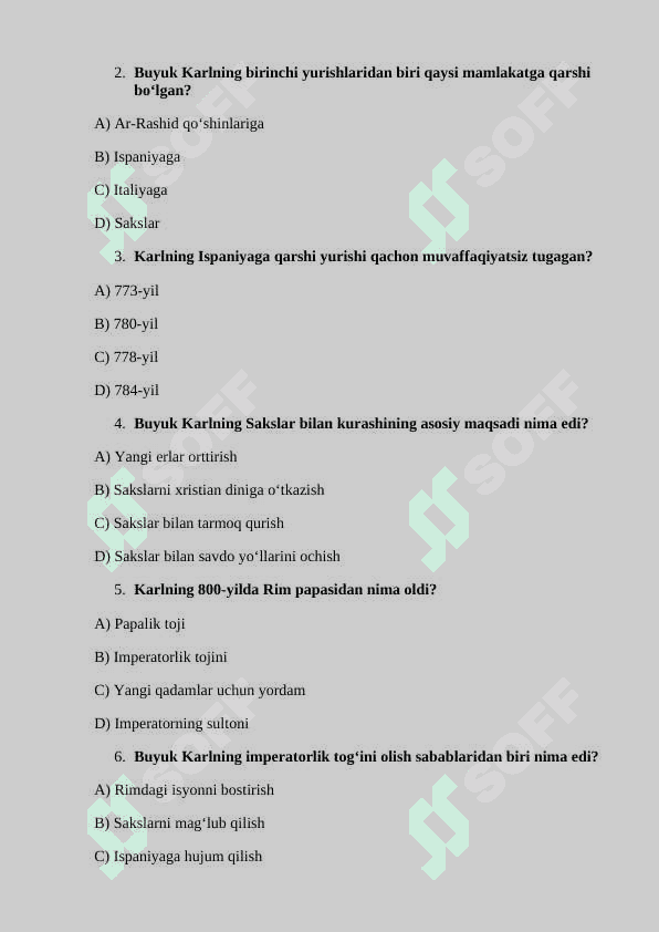 7-sinf Jahon tarixi mavzulashtirilgan testlar barcha mavzular 5