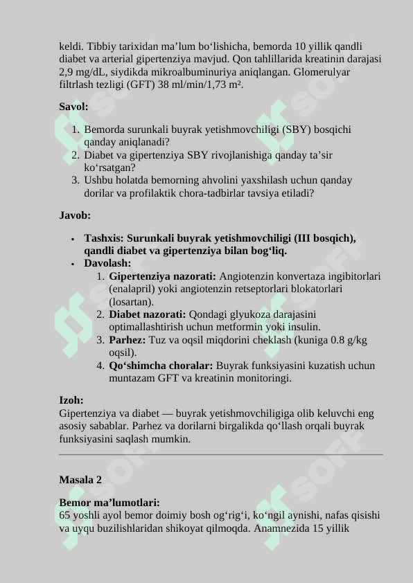 Surunkali buyrak yetishmovchiligi. Vaziyatli masalalar 3