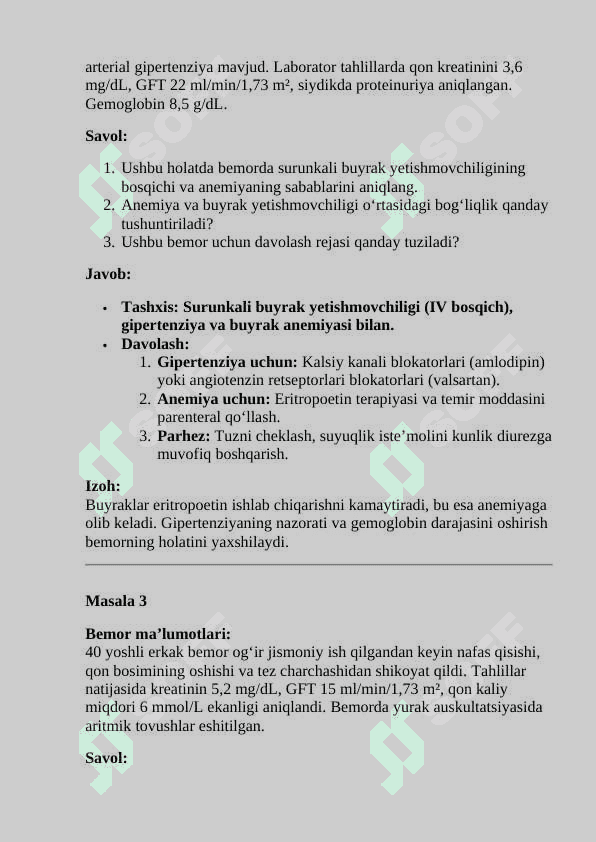Surunkali buyrak yetishmovchiligi. Vaziyatli masalalar 4