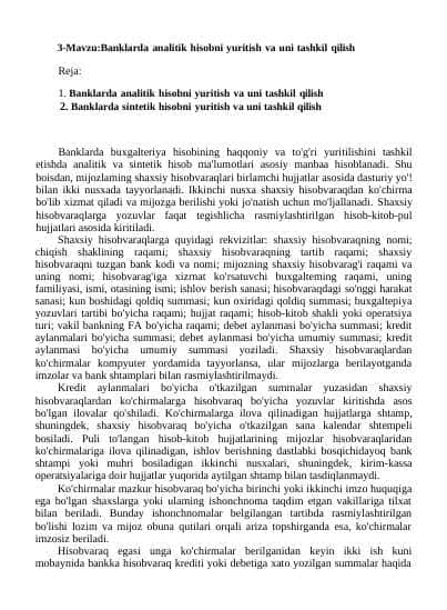 Banklarda analitik hisobni yuritish va uni tashkil qilish