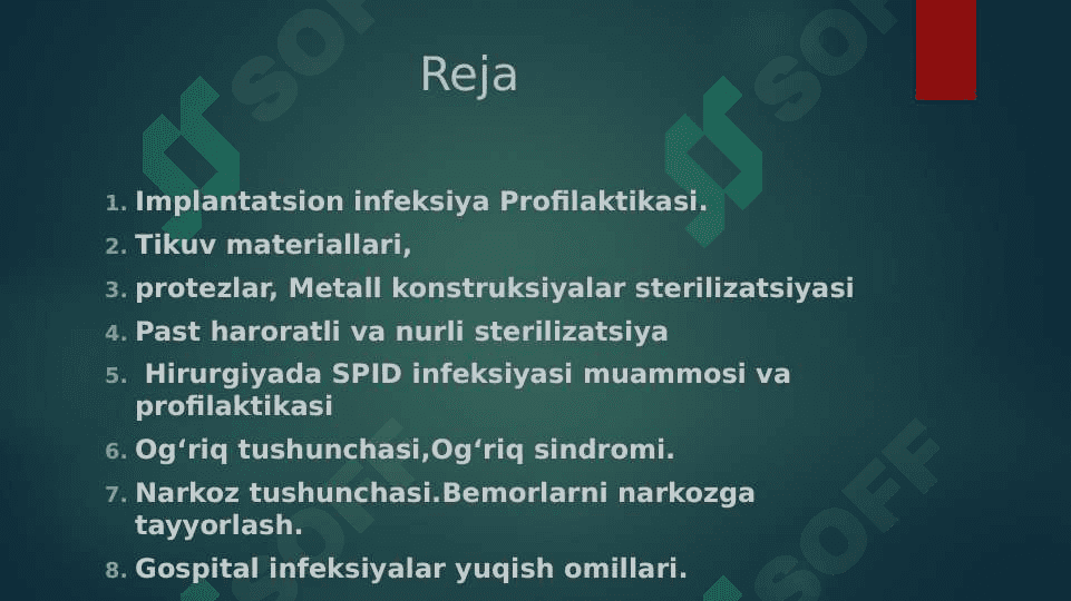 Implantatsion infeksiya Profilaktikasi. Tikuv materialiari, profeziar. Metalli konstruksiyalar sterilizasiyasi. Past haroratli va nurli sterilizatsiya Hinrurgiyada SPID infeksiyasi muammosi va profilaktikasi Og'riq tushunchasi. Og'riq sindromi. Narkoz tushunchasi.Bemoriami narkozga tayyorlash 2