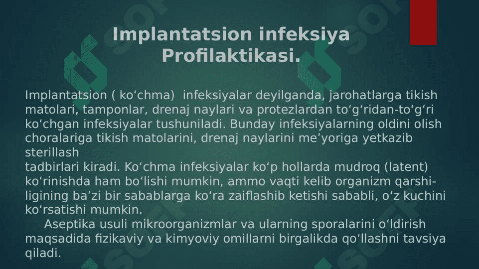 Implantatsion infeksiya Profilaktikasi. Tikuv materialiari, profeziar. Metalli konstruksiyalar sterilizasiyasi. Past haroratli va nurli sterilizatsiya Hinrurgiyada SPID infeksiyasi muammosi va profilaktikasi Og'riq tushunchasi. Og'riq sindromi. Narkoz tushunchasi.Bemoriami narkozga tayyorlash 3