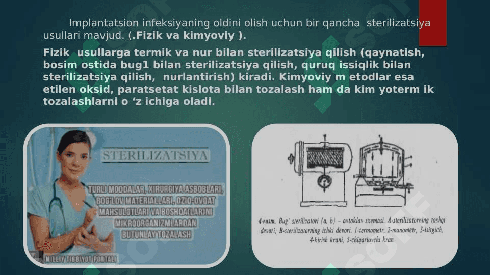 Implantatsion infeksiya Profilaktikasi. Tikuv materialiari, profeziar. Metalli konstruksiyalar sterilizasiyasi. Past haroratli va nurli sterilizatsiya Hinrurgiyada SPID infeksiyasi muammosi va profilaktikasi Og'riq tushunchasi. Og'riq sindromi. Narkoz tushunchasi.Bemoriami narkozga tayyorlash 4