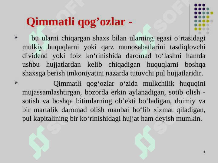 Qimmatli qog’ozlar bo’yicha operatsiyalar hisobi. 4