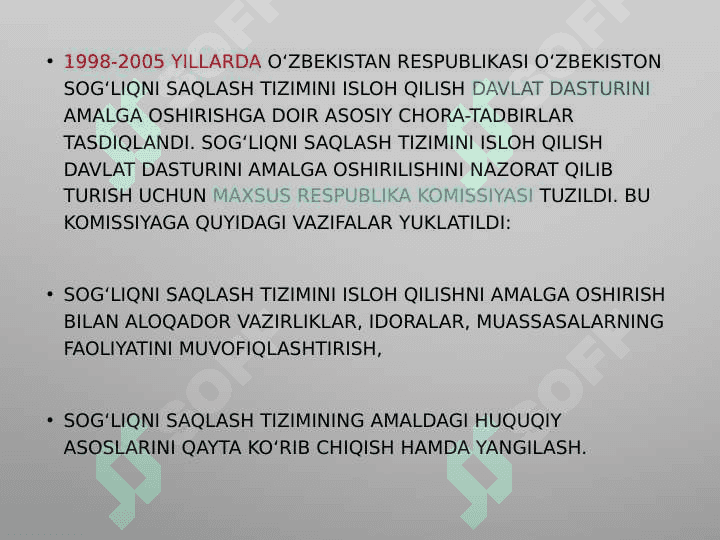MAVZU:MUSTAQILLIK YILLARIDA

SOG'LIQNI SAQLASH

SOHASINING RIVOJLANISHI 8