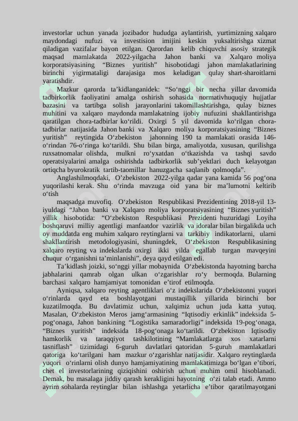 O'zbekiston Respublikasining xalqaro reytingi va indeksdagi o'rni 6