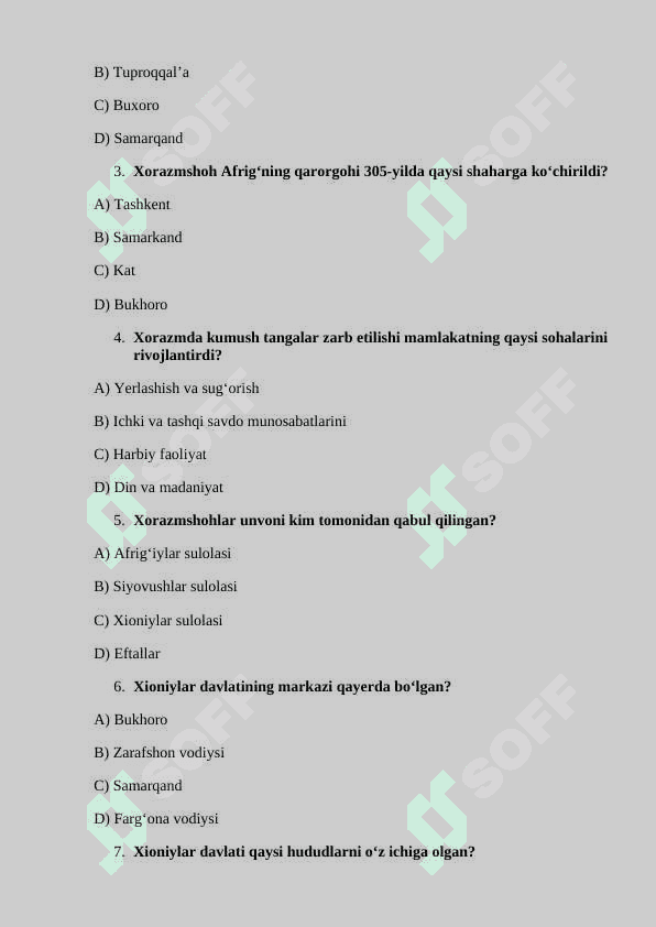 7-O'zbekiton tarixi mavzulashtirilgan testlar barcha mavzulartest 6