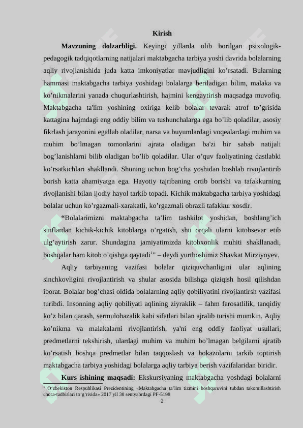 Ekskursiya maktabgacha yoshdagi bolalarni aqliy jihatdan tarbiyalash shakli  - KURS ISHI 2