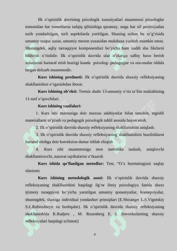 ILK O’SPIRINLIK DAVRIDA SHAXSIY REFLEKSIYANING RIVOJLANISHI - KURS ISHI 4