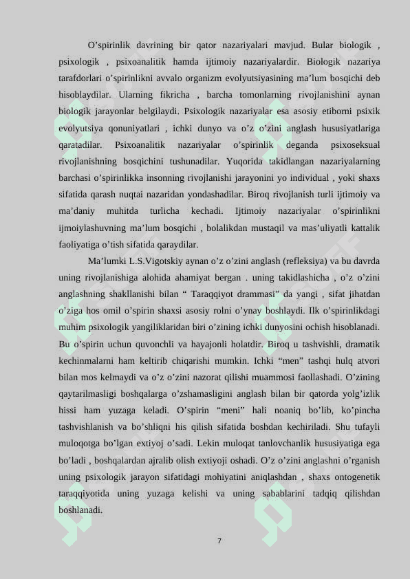 ILK O’SPIRINLIK DAVRIDA SHAXSIY REFLEKSIYANING RIVOJLANISHI - KURS ISHI 7