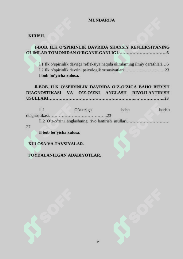 Ilk o’spirinlik davrida shaxsiy refleksiyaning shakllanishi     KURS ISHI 2