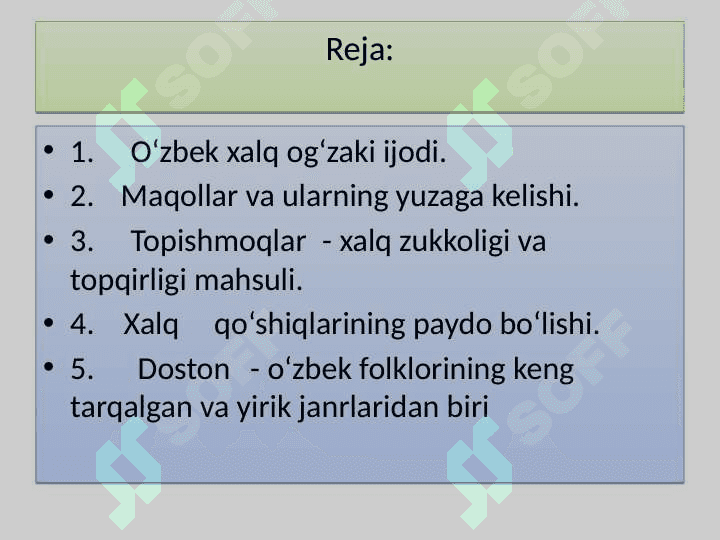 O‘zbek xalq og‘zaki ijodi: xalq maqollari, topishmoqlari, qo‘shiqlari va xalq dostonlari 2