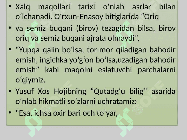 O‘zbek xalq og‘zaki ijodi: xalq maqollari, topishmoqlari, qo‘shiqlari va xalq dostonlari 6