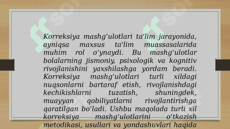 Turli xil turdagi korresiya mashg'ulotlarini o'tkazish metodikasi 2