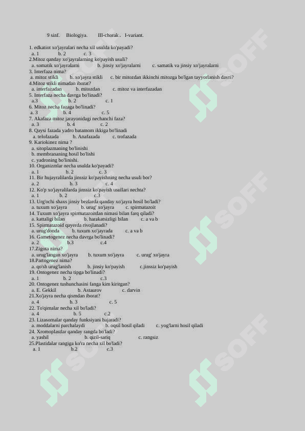 BIOLOGIYA TEST 3