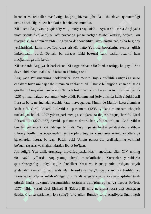 XI-XV asrlarda Angliya” mavzusida ilmiy ma'ruza 2