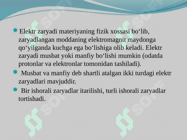 ELEKTROSTATIKA. ELEKTR ZARYADI. KULON QONUNI. ELEKT SIG’IMI. KONDENSATORLAR. 5