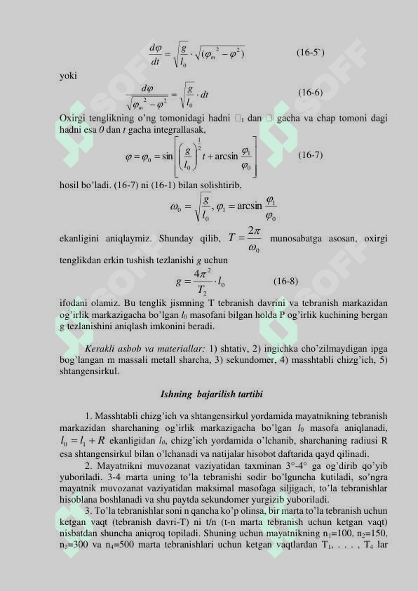 Laboratoriya ishi OG’IRLIK KUCHI TEZLANISHI (g) NI MATEMATIK MAYATNIK YORDAMIDA ANIQLASH 3