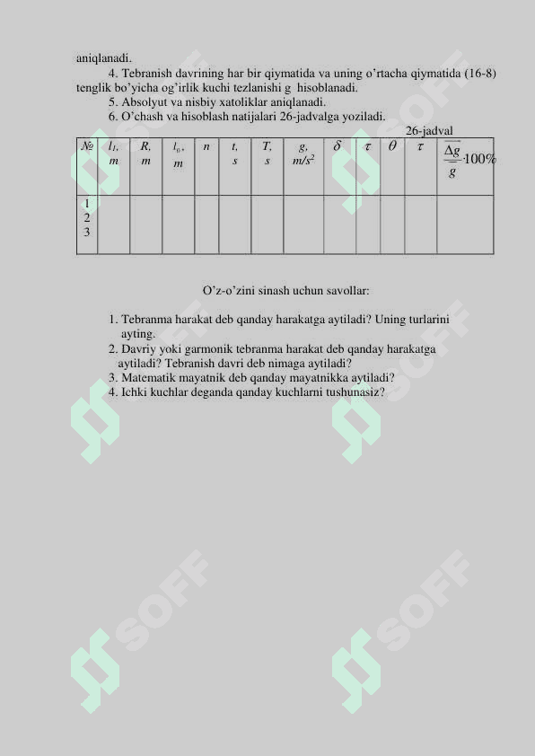 Laboratoriya ishi OG’IRLIK KUCHI TEZLANISHI (g) NI MATEMATIK MAYATNIK YORDAMIDA ANIQLASH 4