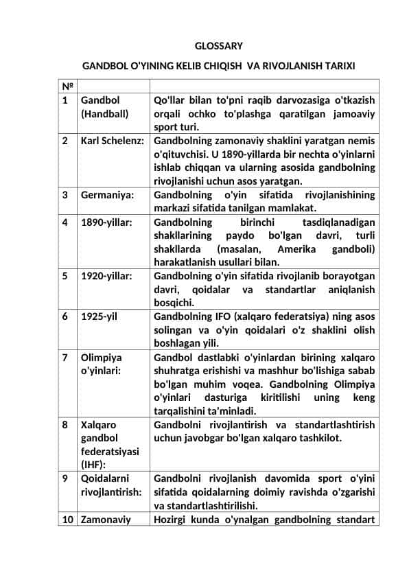 GANDBOL O'YINING KELIB CHIQISH  VA RIVOJLANISH TARIXI