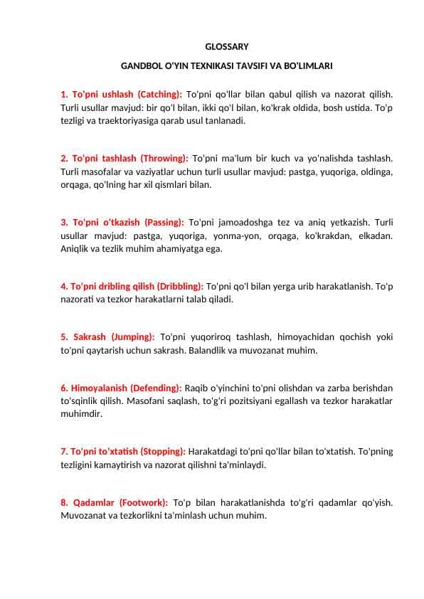 GANDBOL O'YIN TEXNIKASI TAVSIFI VA BO'LIMLARI