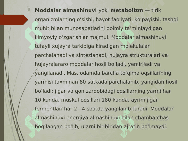 Metobolizm. Moddalar almashinuvi 2