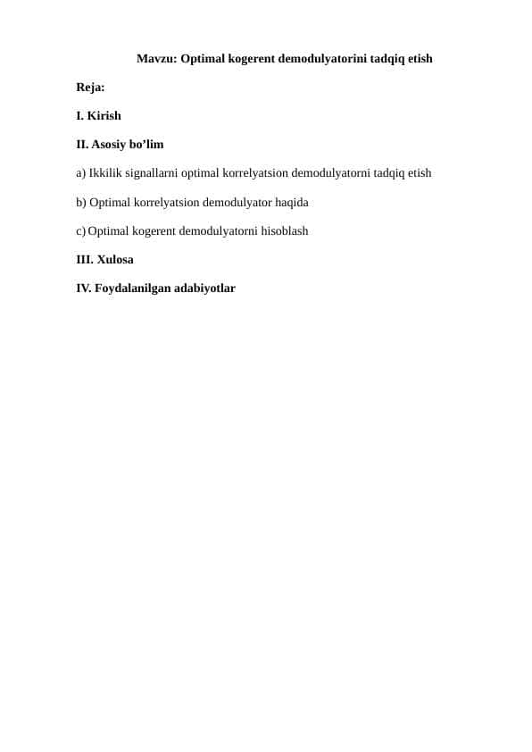 Optimal kogerent demodulyatorini tadqiq etish