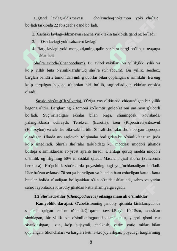 SHO‘RADOSHLAR OILASI UMUMIY TASNIFI 8