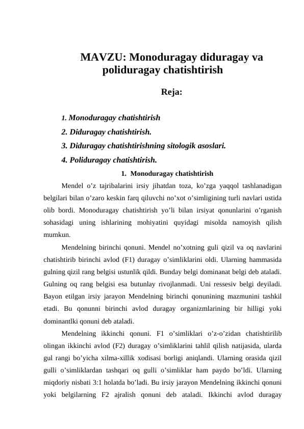 Monoduragay diduragay va poliduragay chatishtirish