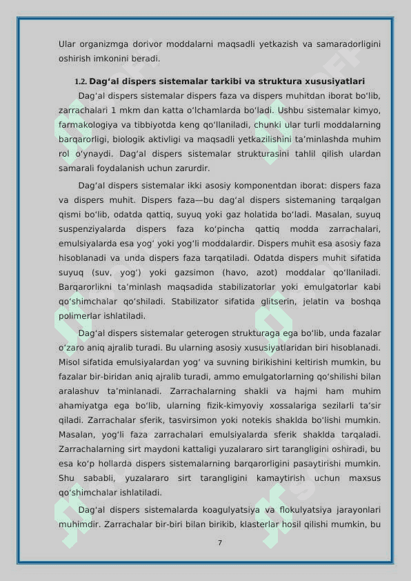 Dag'al dispers sistemalarning xossalari va ularning tibbiyot va farmakalogiyada ishlatilishi 7
