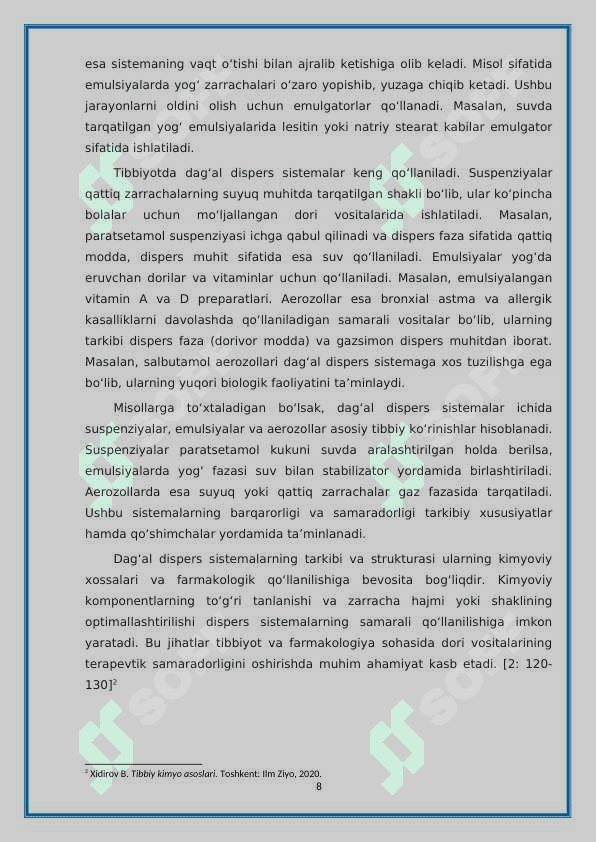 Dag'al dispers sistemalarning xossalari va ularning tibbiyot va farmakalogiyada ishlatilishi 8