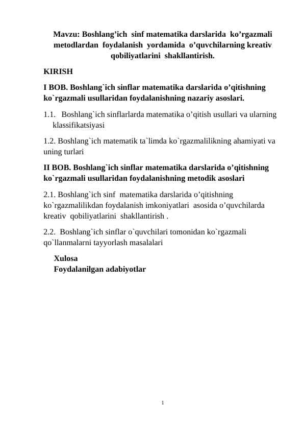 Boshlangʻich sinf matematika darslarida koʻrgazmali metodlardan foydalanish