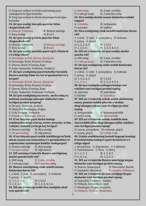 O'zbekiston tarixidan 1000 (ming)lagan test javoblari bilan, test baza tarix 2